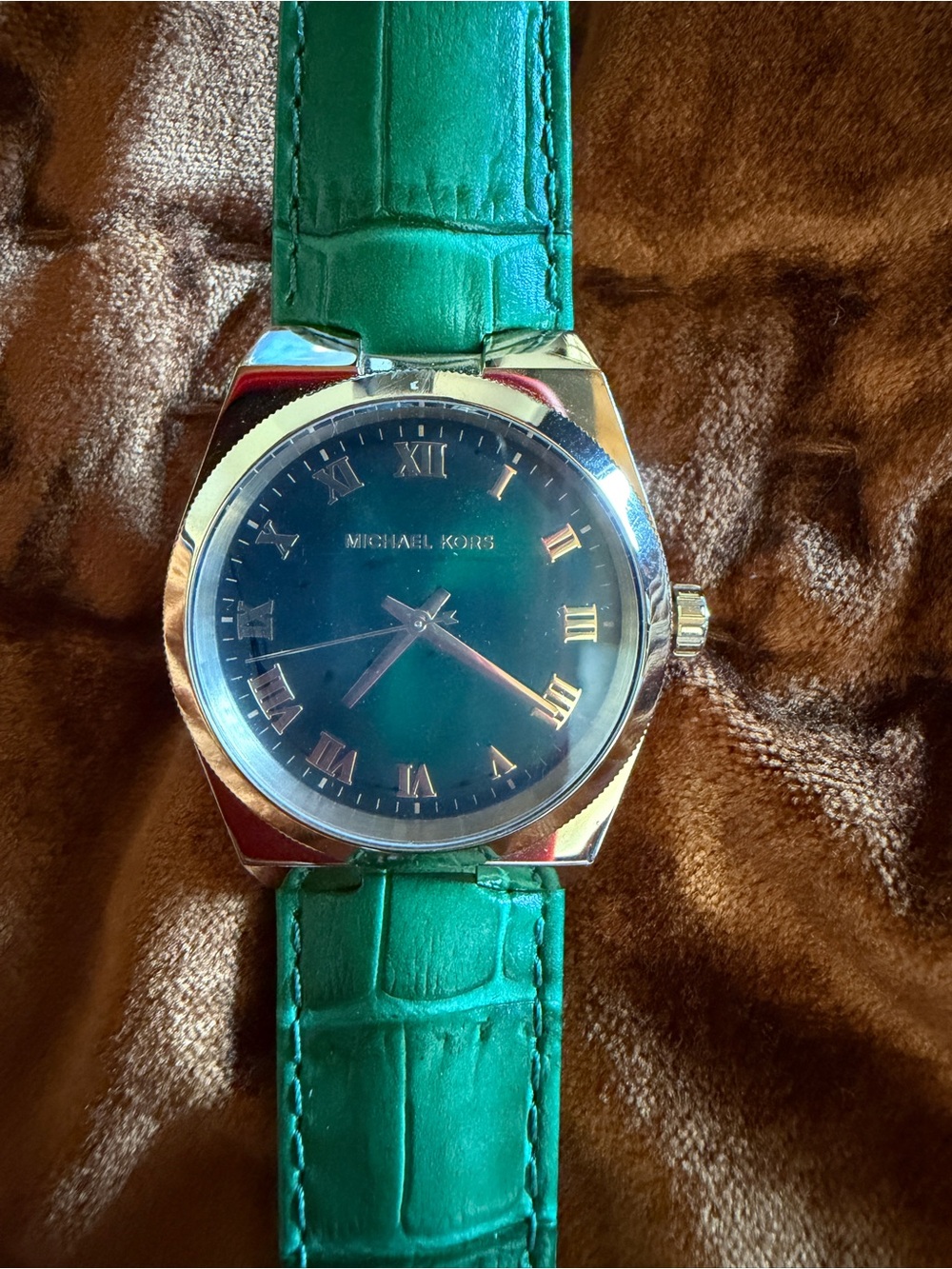 Michael Kors Green Leather Strap Watch with Gold Accents